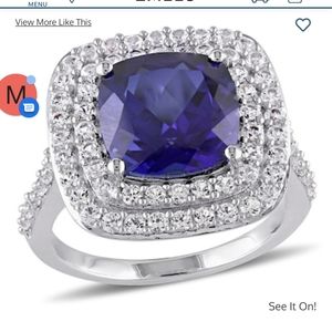 Princesscut Sterling silver  labcreated sapphire cushion double frame ring size7
